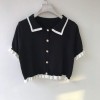 Cotton and soft knitted ruffled lapel short temperament top - Shirts - $21.99  ~ £16.71