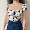 Cute cow print chest straps puff sleeve clavicle shirt short sleeve top - Camicie (corte) - $27.99  ~ 24.04€