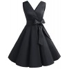 DRESSTELLS Vintage 1950s Solid Color V Neck Retro Swing Dress with Bow Tie - Dresses - $12.99 
