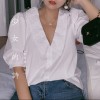 Doll Collar Lace Top Embroidered Poplin Shirt - Koszule - krótkie - $27.99  ~ 24.04€