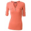 Doublju Rolled Up Sleeve Deep V-Neck Henley T-Shirt Top for Women with Plus Size - T-shirts - $17.99 
