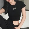 Embroidered T-shirt crew neck short-sleeved stretch-fitting slim navel top - Srajce - kratke - $25.99  ~ 22.32€