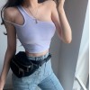 Fashionable oblique shoulder cutout off-the-shoulder bottoming sexy inset navel - Shirts - $23.99  ~ £18.23