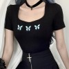 Fashion square collar butterfly print t-shirt black top - Shirts - $19.99 