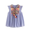 Floerns Women's Sleeveless Ruffle Striped Embroidered Pom Pom Tie Neck Blouse - 上衣 - $19.99  ~ ¥133.94