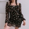 Floral Square Collar Lantern Sleeve Wrinkled Pack Hip Ruffle Dress - ワンピース・ドレス - $28.99  ~ ¥3,263