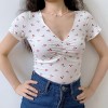 French chest pleated V-neck short T-shirt female slim slim short-sleeved shirt - Camisas - $27.99  ~ 24.04€