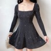 Glittery glitter party square collar long sleeve slim dress - sukienki - $32.99  ~ 28.33€