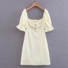 Goose yellow solid color puff sleeve wor - Dresses - $27.99 