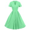 GownTown 1950s Vintage Dresses V-neck Short-sleeves Dresses Swing Stretchy Dresses, X-Small, Mint Green - Dresses - $19.99 
