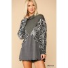 Grey Mix Solid And Animal Print Mixed Knit Turtleneck Top With Long Sleeves - Shirts - lang - $31.24  ~ 26.83€