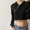 High waist dance top oblique zipper hooded loose short thin sweater - 半袖シャツ・ブラウス - $27.99  ~ ¥3,150