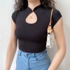 Improved cheongsam style short-sleeved top sexy hollow solid color T-shirt - T-shirts - $19.99 