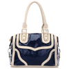 LACOLE Beige and Blue Accents Top Double Handle Doctor Style Office Tote Bowler Satchel Handbag Purse Convertible Shoulder Bag Navy - Hand bag - $29.50 