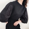 Lantern Sleeve Black Sweater Quilted Pla - Shirts - $27.99 
