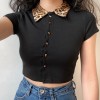 Leopard Collar Polo Collar Short Sleeve Top Women Short Navel T-Shirt Cardigan - Shirts - $19.99  ~ £15.19