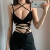 Low-cut V-neck cross lace sexy waistband strap bottom solid color camisole - Shirts - $25.99 