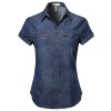 Made by Emma Women's Short Roll Up Sleeves Chest Pocket Denim Chambray - Koszule - krótkie - $14.97  ~ 12.86€