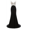 Manfei Women's 2018 V-Neck Crystal Beaded Mermaid Black Long Prom Dress Slit Side - sukienki - $59.99  ~ 51.52€