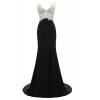 Manfei Women's 2018 V-Neck Crystal Beaded Mermaid Black Long Prom Dress Slit Side - 连衣裙 - $59.99  ~ ¥401.95