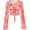 Mesh Ripple Long Sleeve Crop Top pink - 半袖シャツ・ブラウス - $13.00  ~ ¥1,463