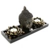 MyGift Buddha Head Sculpture Zen Garden Set w/ Lotus Tealight Candle Holders & Wooden Display Tray, Black - Furniture - $22.50 