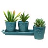 MyGift Set of 3 Country Rustic Turquoise Ceramic Succulent Planters / Flower Pots & Handled Display Tray - Plants - $42.99 