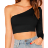 One Shoulder Black Long Sleeve Crop Top - Ludzie (osoby) - 