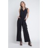 Polyester Black Women's Tie Sleeveless Buttoned Jumpsuit - Suits - $35.00 