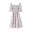 Puff sleeve printed mid-length dress net red elastic pleated square collar beart - Dresses - $27.99 