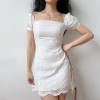 Pure white innocence square collar French bubble sleeve lace lace A-line dress - Obleke - $32.99  ~ 28.33€