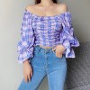 Purple plaid bubble sleeve shirt word shoulder shirt - Shirts - $27.99 