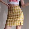 Retro High Waist Thin Yellow Plaid Skirt Side Split Skirt - Skirts - $27.99 