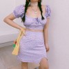 Retro Puff Sleeve Square Collar Taro Purple Small Floral Top High Waist Skirt - Shirts - $27.99 