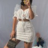 Retro Square Neck Lace Up Puff Sleeve Cardigan Top + High Waist Skirt - Haljine - $30.99  ~ 196,87kn