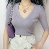 Retro V-neck sweater five-point sleeve ice silk bottoming shirt solid color top - Shirts - $27.99 