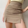 Retro brown plaid thigh split high waist slim skirt - Shirts - $27.99 