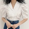 Retro design short-sleeved blouse female white puff sleeve suit collar shirt - Shirts - $27.99 