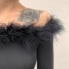 Retro furry word collar off-shoulder lon - Shirts - 