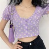 Retro little daisy shirt female palace style bubble sleeve V-neck short printed - Shirts - $25.99 