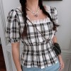 Retro pearl lace side square collar puff sleeve plaid short sleeve shirt - T-shirt - $29.99  ~ 25.76€