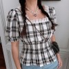 Retro pearl lace side square collar puff sleeve plaid short sleeve shirt - Tシャツ - $29.99  ~ ¥3,375