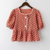 Retro polka dot stitching square collar top female French puff sleeve shirt - Shirts - $21.99 