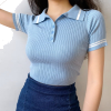 Retro polo collar lapel knitted short-sleeved female T-shirt female slim slim th - Shirts - $27.99 