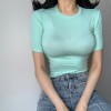 Retro round neck basic solid color bottomed mid-sleeved T-shirt top - 半袖シャツ・ブラウス - $25.99  ~ ¥2,925