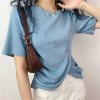 Retro round neck short-sleeved slim T-shirt female hem cross pleated design thre - 半袖シャツ・ブラウス - $27.99  ~ ¥3,150