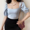 Retro sea salt blue elegant solid color square collar lantern mid-sleeved shirt - Košulje - kratke - $27.99  ~ 24.04€