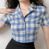 Retro short sleeve lapel purple plaid shirt female short section exposed navel h - Koszule - krótkie - $27.99  ~ 24.04€