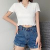 Retro simple wild high waist short section exposed navel V-neck lace small check - Camisas - $25.99  ~ 22.32€