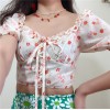 Retro small floral square-collar fungus lace lace up short-sleeved shirt - Shirts - $27.99 
